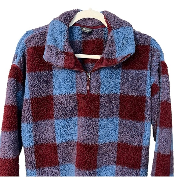 Eddie Bauer Mid Weight Plush 1/4 Zip Pullover Sweatshirt Burgundy Blue Large - Picture 3 of 5